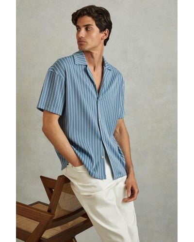 Reiss Neptune - White/soft Blue Ribbed Striped Cuban Collar Shirt, S