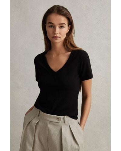 Reiss Becca - Black Cotton Blend Ribbed V-neck Top