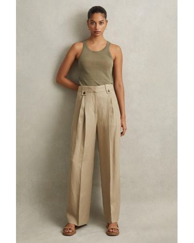 Reiss Leila - Light Khaki Linen Front Pleat Trousers - Natural