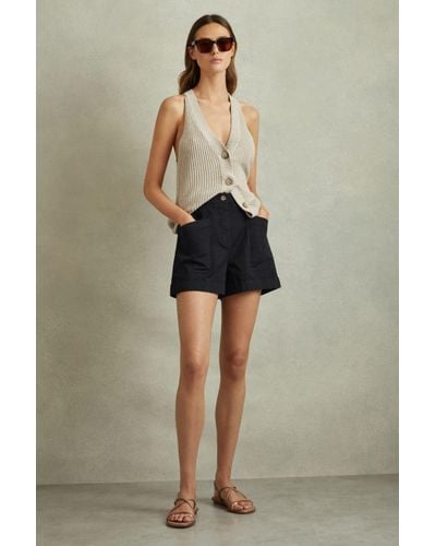 Reiss Nova - Navy Cotton Blend Shorts With Turned-up Hems - Brown