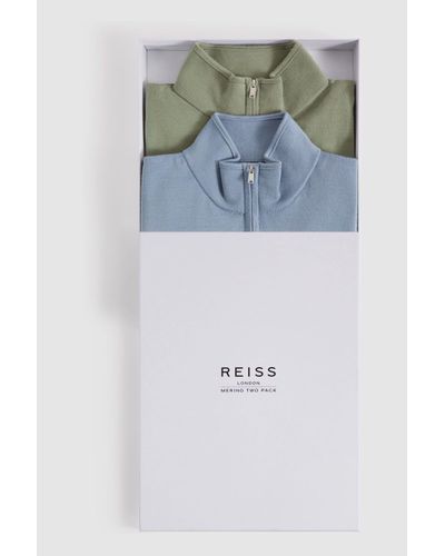 Reiss 2 - Kale/dove Blue Blackhall Pack Two Pack Of Merino Wool Zip-neck Jumpers - Green