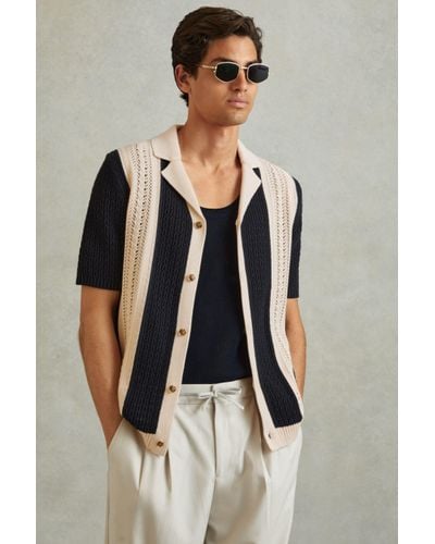 Reiss Nicoli - Navy/stone Crochet Striped Cuban Collar Shirt - Multicolour