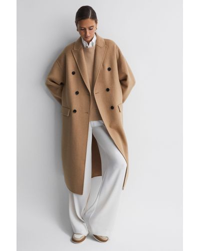 Reiss Layah - Camel Relaxed Wool Blend Double Breasted Coat - White