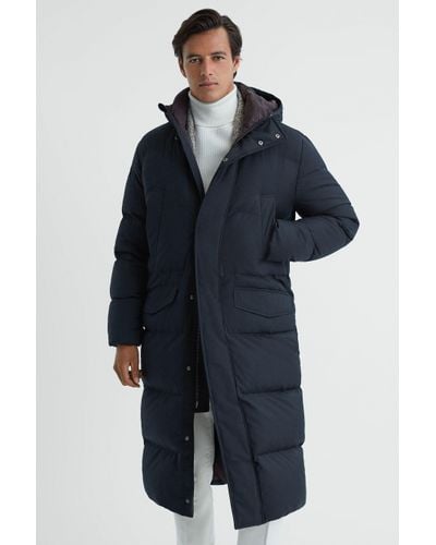 Reiss Gate - Navy Quilted Long Hooded Coat, Xl - Blue
