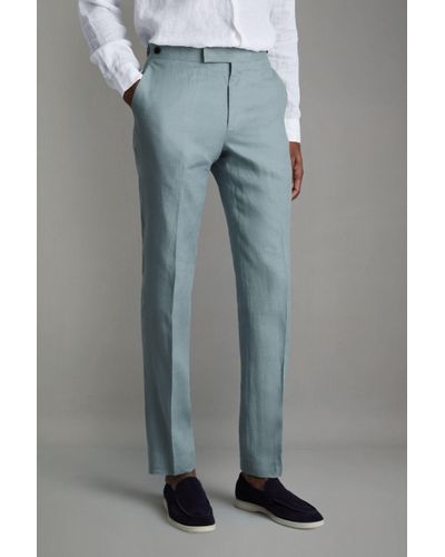 Reiss Kin - Aqua Blue Slim Fit Linen Adjuster Trousers, 38