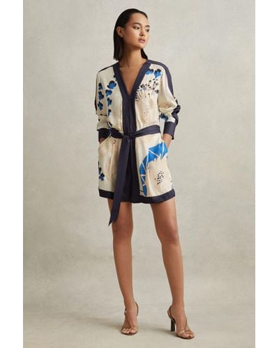 Reiss Isabella - Blue Printed Belted Playsuit - Natural