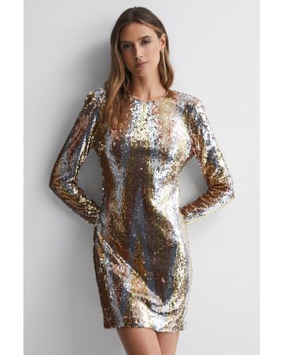 Halston Maude - Sequin Long Sleeve Mini Dress, Gold - Metallic