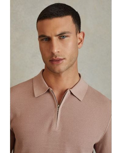 Reiss Ivor - Soft Pink Textured Half-zip Polo Shirt, Xs - Brown