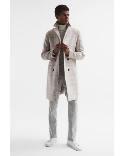 Reiss Billet - Soft Grey Double Breasted Long Checked Overcoat, L - Multicolour
