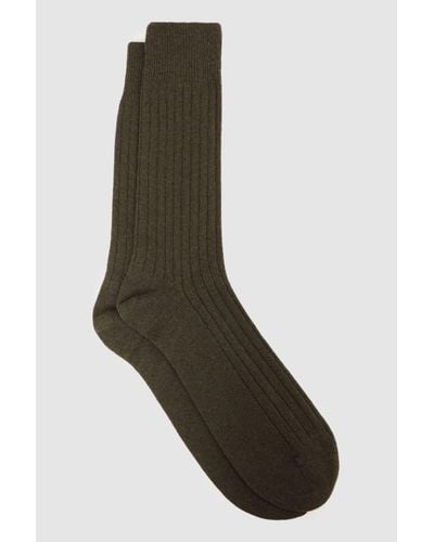 Reiss Cirby - Khaki Wool-cashmere Blend Ribbed Socks, M/l - Brown
