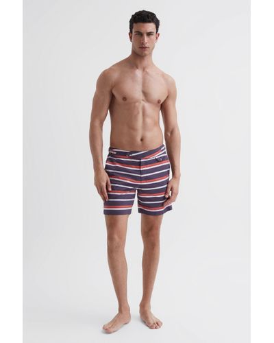 Reiss Purple - Side Adjuster Striped Swim Shorts, Xl - Red