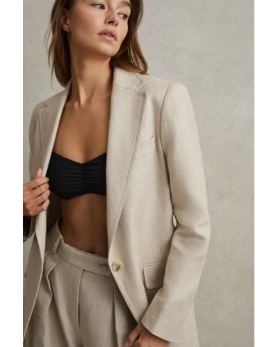 Reiss Cassie - Natural Petite Linen Single Breasted Suit Blazer - Brown