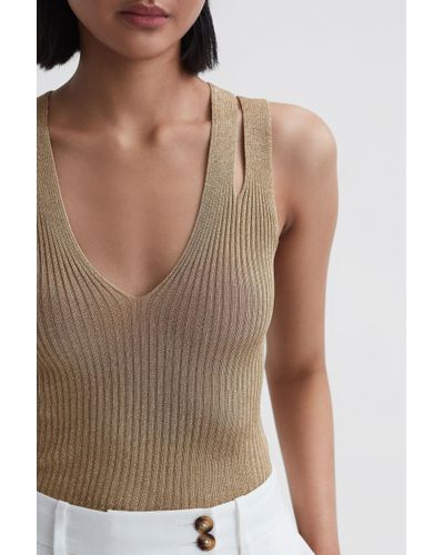 Reiss Zina Double Strap Metallic Vest - Gold Viscose Ribbed - Brown