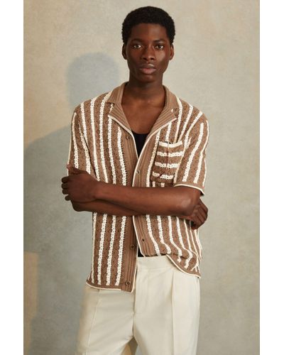 Reiss Spritz - Camel/white Oversized Crochet Striped Cuban Collar Shirt - Natural