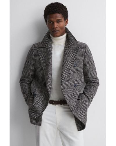 Reiss Brag - Black/brown Wool Double Breasted Check Coat - Grey