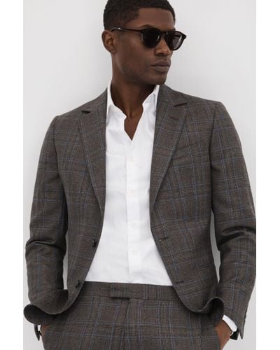 Reiss Fantasy - Brown Multi Slim Fit Wool Single Breasted Check Blazer - Grey
