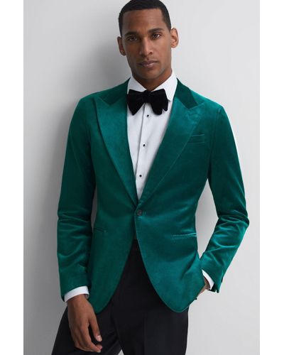 Reiss Apsara - Turquoise Slim Fit Velvet Single Breasted Blazer, 44 - Green