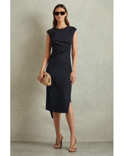 Reiss Francesca - Navy Bodycon Ruched Midi Dress - Blue