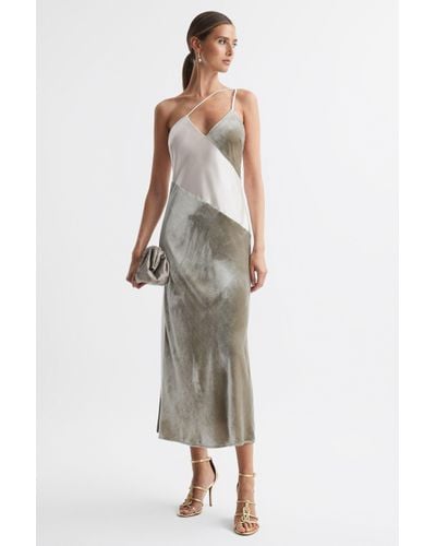 Reiss Keeley - Silver Silk-velvet Asymmetric Strap Midi Dress, Us 8 - Metallic