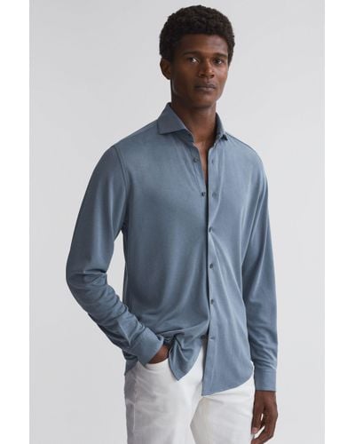 Reiss Bobby - Airforce Blue Slim Fit Cutaway Collar Modal Shirt