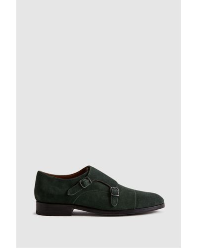 Reiss Amalfi - Forest Green Suede Double Monk Strap Shoes - Black