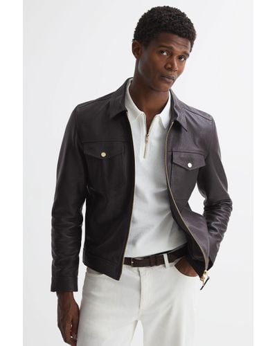 Reiss Carp - Chocolate Leather Zip Through Jacket - Black