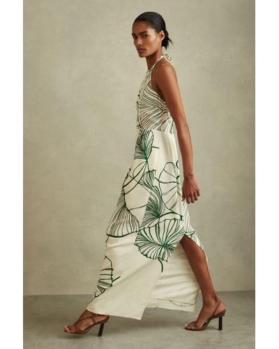 Reiss Lexi - White/green Floral Sketch Halter Neck Maxi Dress