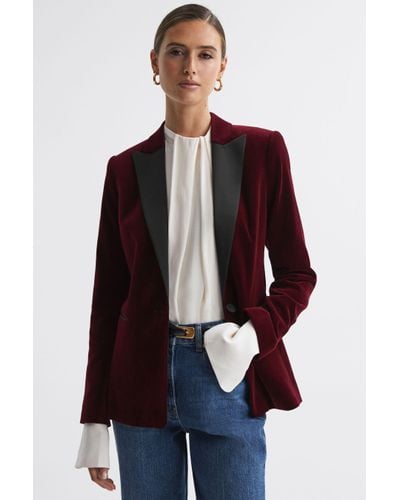 Reiss Opal - Red Fitted Velvet Single Breasted Suit Blazer