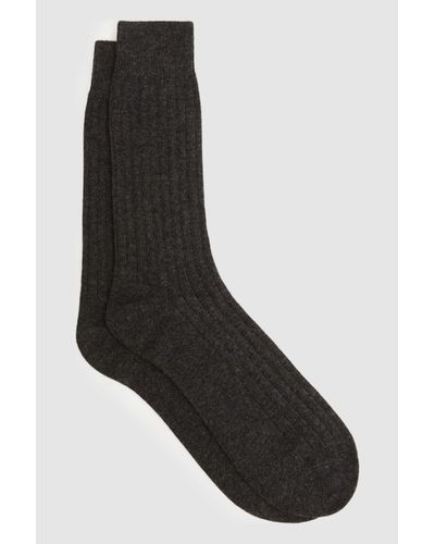 Reiss Cirby Charcoal Socks - Dark Grey Wool Cashmere Blend Ribbed - Black