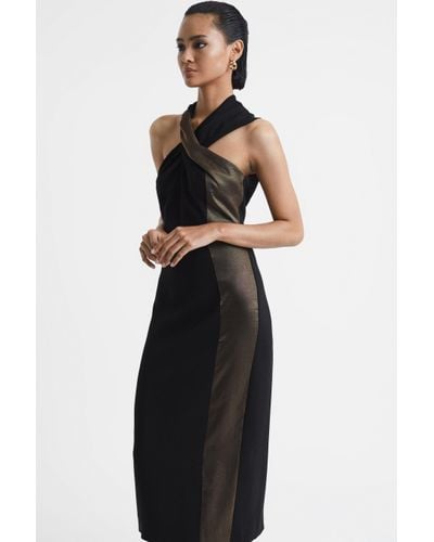 Reiss Carla - Black/bronze Metallic Stripe Bodycon Midi Dress