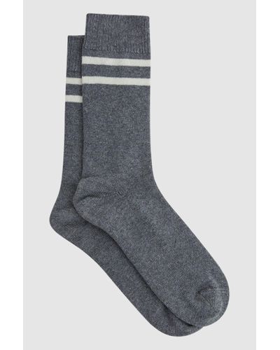 Reiss Alcott - Grey Melange Wool Blend Striped Crew Socks, M/l