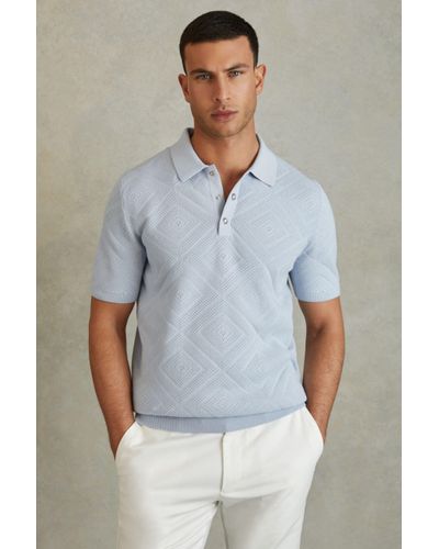Reiss Lupton - Soft Blue Cotton Textured Press-stud Polo Shirt