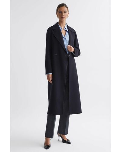 Reiss Lucia - Navy Relaxed Double Breasted Wool Blindseam Coat - Blue