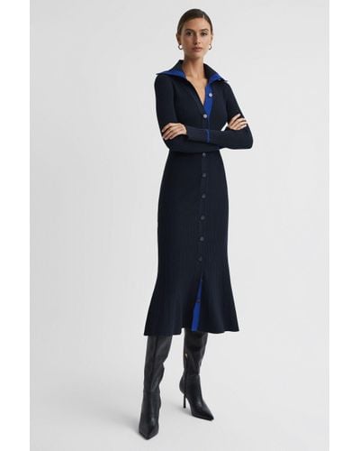 Reiss Millie Ribbed Knitted Midi Dress - Blue