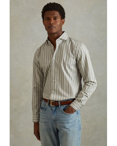 Reiss Omar - Sage/white Cotton Striped Cutaway Collar Shirt, M - Multicolour
