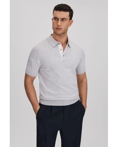 Reiss Finch - Soft Grey Cotton Blend Contrast Polo Shirt, Xxl - White