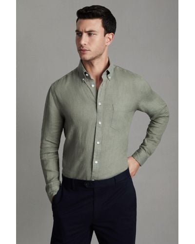 Reiss Queens - Pistachio Linen Button-down Collar Shirt, M - Grey