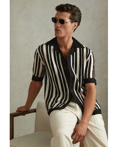 Reiss Romy - Black/ecru Crochet Cuban Collar Shirt, M - Brown