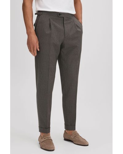 Reiss Rumble - Brown Slim Fit Wool Blend Puppytooth Trousers - Grey