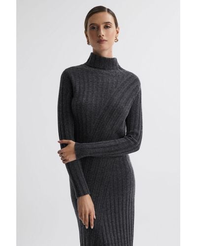 Reiss Cady - Charcoal Petite Fitted Knitted Midi Dress - Black