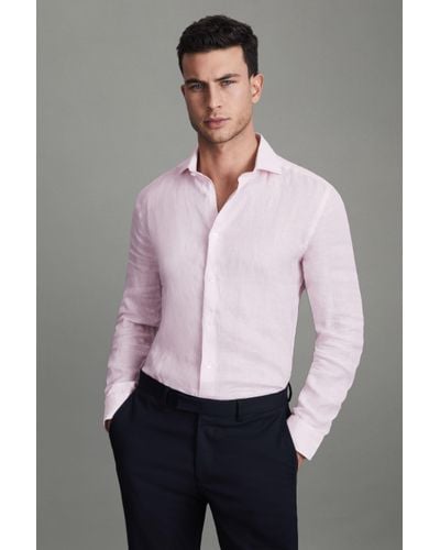 Reiss Ruban - Soft Pink Fine Stripe Linen Button-through Shirt, Xl - Grey