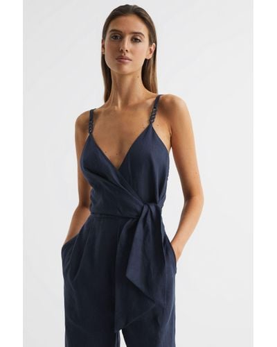 Reiss Emilia - Navy V-neck Linen Jumpsuit, Us 4 - Blue