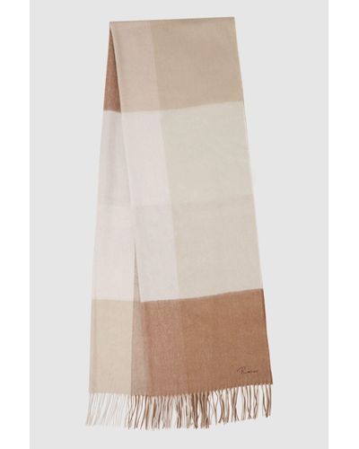 Reiss Leyton - Camel Wool Blend Check Embroidered Scarf - Natural