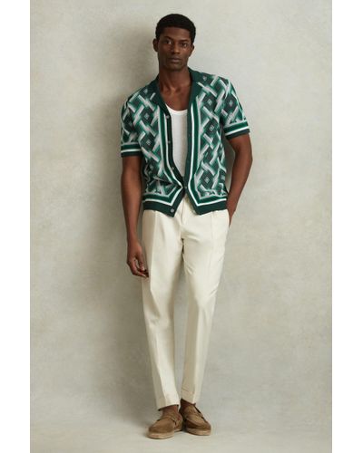 Reiss Hyde - Green Multi Knitted Cuban Collar Shirt, L