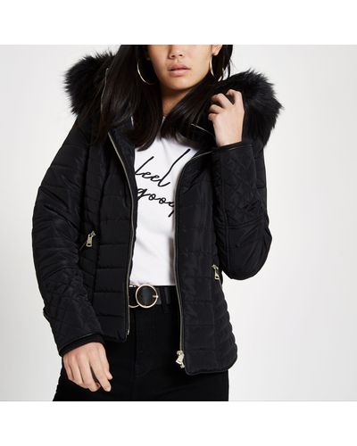 river island longline padded belted coat with faux fur hood in black