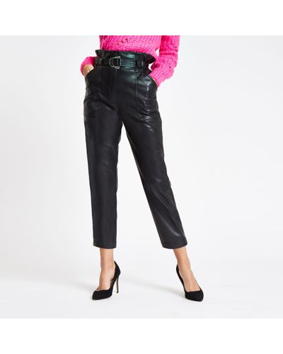River Island Black Faux Leather Paperbag Waist Trousers - Lyst