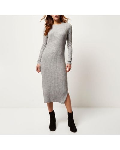 grey long sleeve ribbed dress