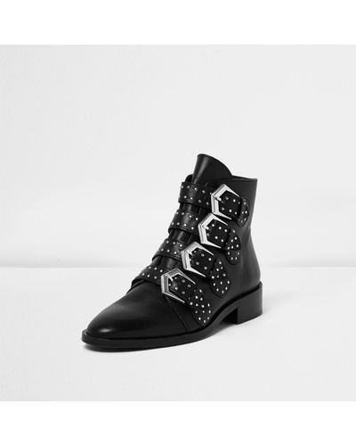 River Island Black Leather Stud Buckled Ankle Boots - Lyst