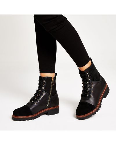 river island lace up flat hiker boot in black