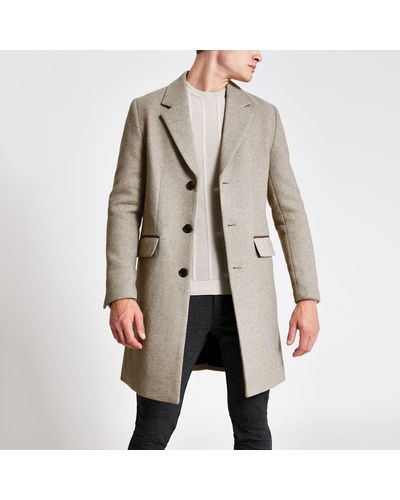 River Island Oatmeal Single Breasted Wool Overcoat for Men - Lyst